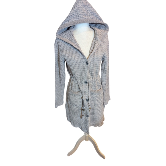 Mododoc Waffle Knit Hooded Gray Long Cardigan Duster Jacket Cinch Waist Size M - Picture 7 of 8
